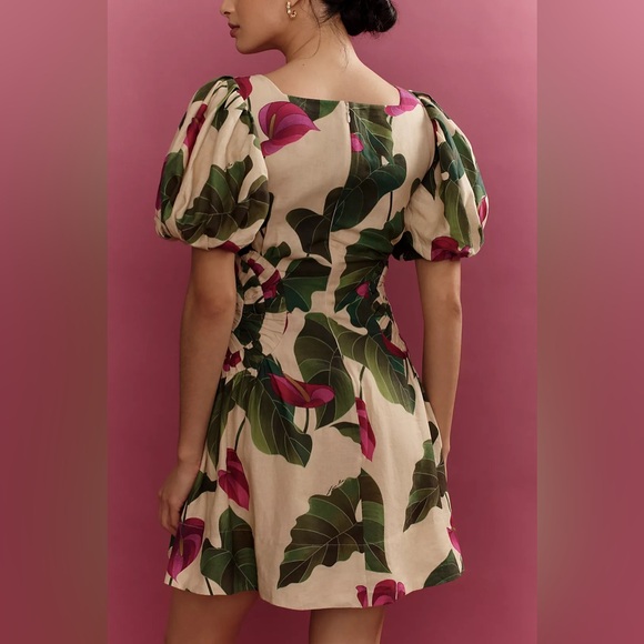 NWT Farm Rio Anthurium Leaves Linen Blend Short-Sleeve Square-Neck Dress - Picture 2 of 7